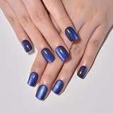 Königsblau Cat Eye Echt kurze Press-on-Nägel Quadratisch, zierliche kurze quadratische Klebenägel für Frauen Geschenk, glänzende glitzernde blaue künstliche Nägel wiederverwendbar, weiches Gel