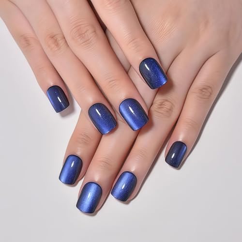 AuraFusion Königsblau Cat Eye Echt Courte Press-on Ongles Carrés, délicats Courts carrés Ongles pour Femmes Cadeau, Brillants Scintillants Bleus Faux Ongles réutilisables, Gel Doux
