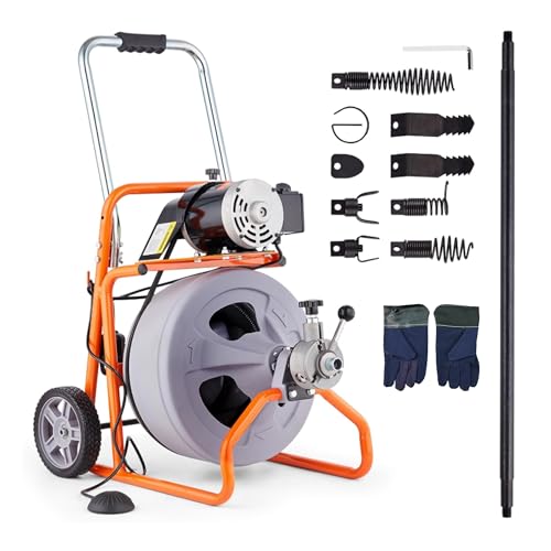 HoldwellS Drain Cleaner Machine, 100FT 1/2 Inch Upgraded Electric Feed Sewer Snake Auger, Wheeled Telescopic Portable Drain Cleaner with 8 Cutters & Air-Activated Foot Switch for 2' to 6' Pipes