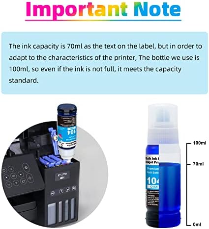 JoyPrinting 70ml 104 Ink Bottle Replacement for Epson 104 Ecotank Ink Compatible with Epson EcoTank ET-2710 ET2711 ET-2712 ET-2714 ET-2715 ET-2720 ET-2721 ET-2726 ET-1810 ET-4700 (BK/C/M/Y, 4-Pack)
