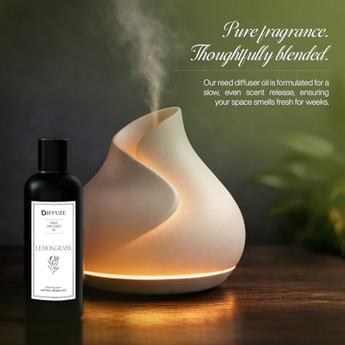 Image of DIFFUZE Lemongrass Essential Oil Reed Diffuser Refill with 10 Fibre Reed Sticks | Aroma Oil /Fragrance Oil for Home | Diffuser Oil for Home Fragrance