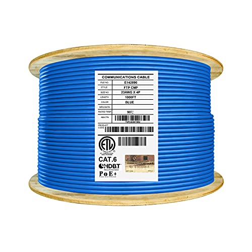 Elite Cat6 Shielded Plenum (Cmp), 1000Ft, Ftp 23Awg, Solid Pure Copper, 550Mhz, Ul Listed, Ul-Lp Certification, Higher Performance Poe, Bulk Ethernet Cable Reel, Blue #TOP11