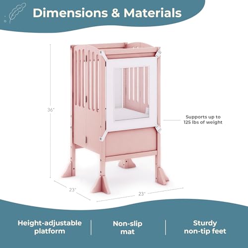 Guidecraft Contemporary Kitchen Helper Toddler Tower - Limited Edition Pink. Original Folding Montessori Learning Step Stool with Safety Nets