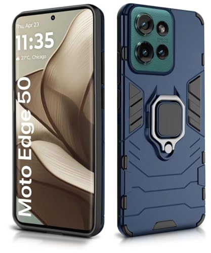 Image of WOW IMAGINE Shock Proof Back Case Mobile Cover for Motorola Moto Edge 50 5G | Back Cover Case (Tough Armor | Hybrid PC + TPU | Ring Holder & in-Built Kickstand | Blue)