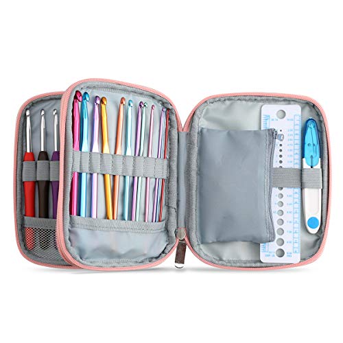 KOKNIT Crochet Hook Case, Empty Zipper Bags Organizer Portable Travel Crochet Storage Bag with Web Pocket, Crochet Holders and Slots for Carrying Various Crochet Needles & Knitting Accessories