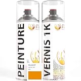 KIT PEINTURE CARROSSERIE composé d’une bombe aérosol de 400 ml de peinture et d’une bombe de 400 ml de vernis monocomposant 1k brillant pour repeindre jusqu’à 1 m2 de surface comme un pro.
