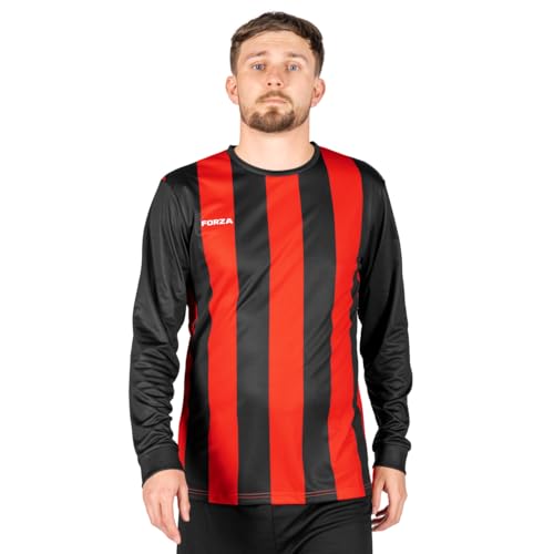FORZA Men’s Striped Long Sleeve Jersey Shirt [XS-XXL] – Premium Long Sleeve Football T-Shirts Jersey | 5 Stripe Colour Options (UK, Alpha, M, Regular, Regular, Black and Red)