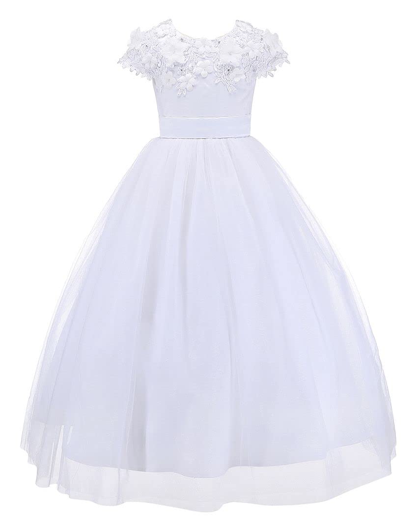 Bow DreamTulle 3D First Communion Dresses Wedding Pageant Flower Girl Dress Ivory White