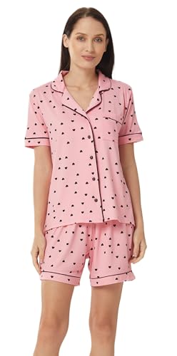 Image of YUSHOW Ladies Short Pyjamas Set Heart Print Button Through Nightwear Shorts and Top 2 Piece Sleepwear Lightweight Breathable Lounge Wear Set