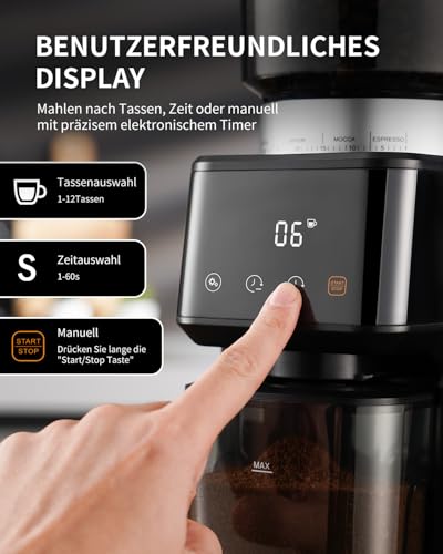 100g Bohnenbehälter und mechanischem Timer für 5-60 Sekunden Mahldauer in kompakter 26 cm Höhe (118 Zeichen).