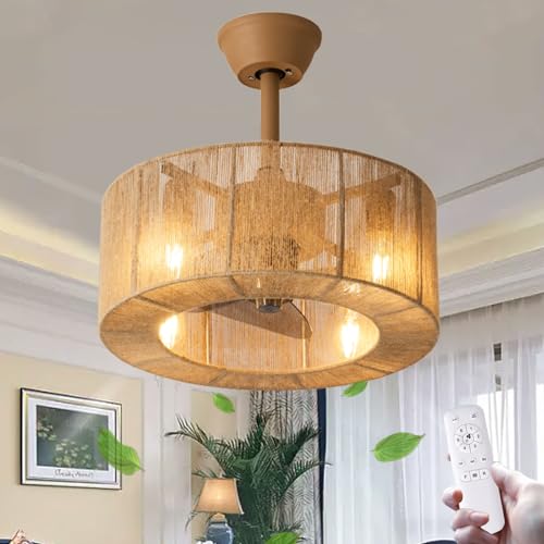 JSAITEE Boho Caged Ceiling Fans with Lights and Remote Control, 18 Inch Flush Mount Low Profile Ceiling Fan, 6-Speed Powerful Reversible Motor E26 Bulb Base Fandelier for Bedroom Kitchen Living Room