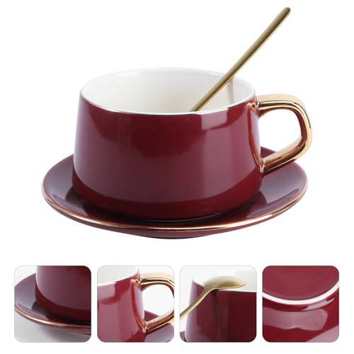Taza de café de cerámica roja de 250ml con platillo para oficina 8