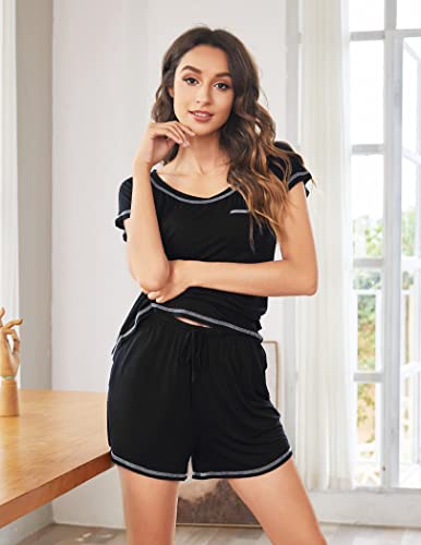 Ekouaer Women's Soft Round Neck Sleepwear Cotton Short Sleeve Pajama Set Black Small #TOP3