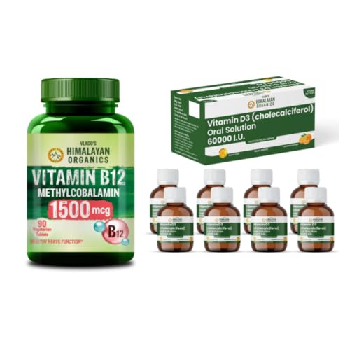 Image of Vlado's Himalayan Organics Vitamin B12 1500mcg + Vitamin D3 60000 IU Shots Combo | Methylcobalamin & Cholecalciferol | Supports Energy, Bone, Muscle, Nerve & Immune Health | 90 Veg Tablets + Pack of 8