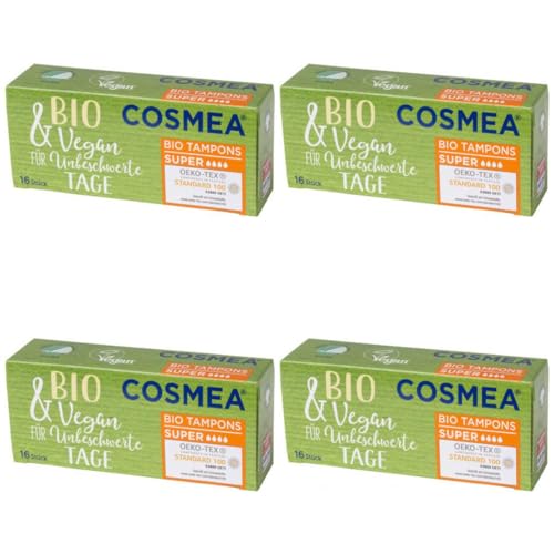 Cosmea Tampones ecológicos de algodón 100 % orgánico, pack de 4 unidades, higiene segura para mujer en armonía con la naturaleza (Super)