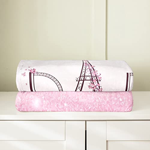Eiffel Tower All Season Bed Blanket,Gradient Glitter Paris Fleece Throw Blanket Flannel Ombre White Pink Fuzzy Blanket For Kids Boys Girls,Romantic Microfiber Plush Blanket Room Decor Twin 60"X80" #TOP3
