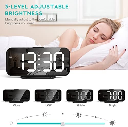 Digital Alarm Clocks, LED Mirror Electronic Clock, Snooze Mode, 12/24H, Auto Adjust Brightness, Modern Desk & Wall Clocks for Bedroom Living Room Office - Black