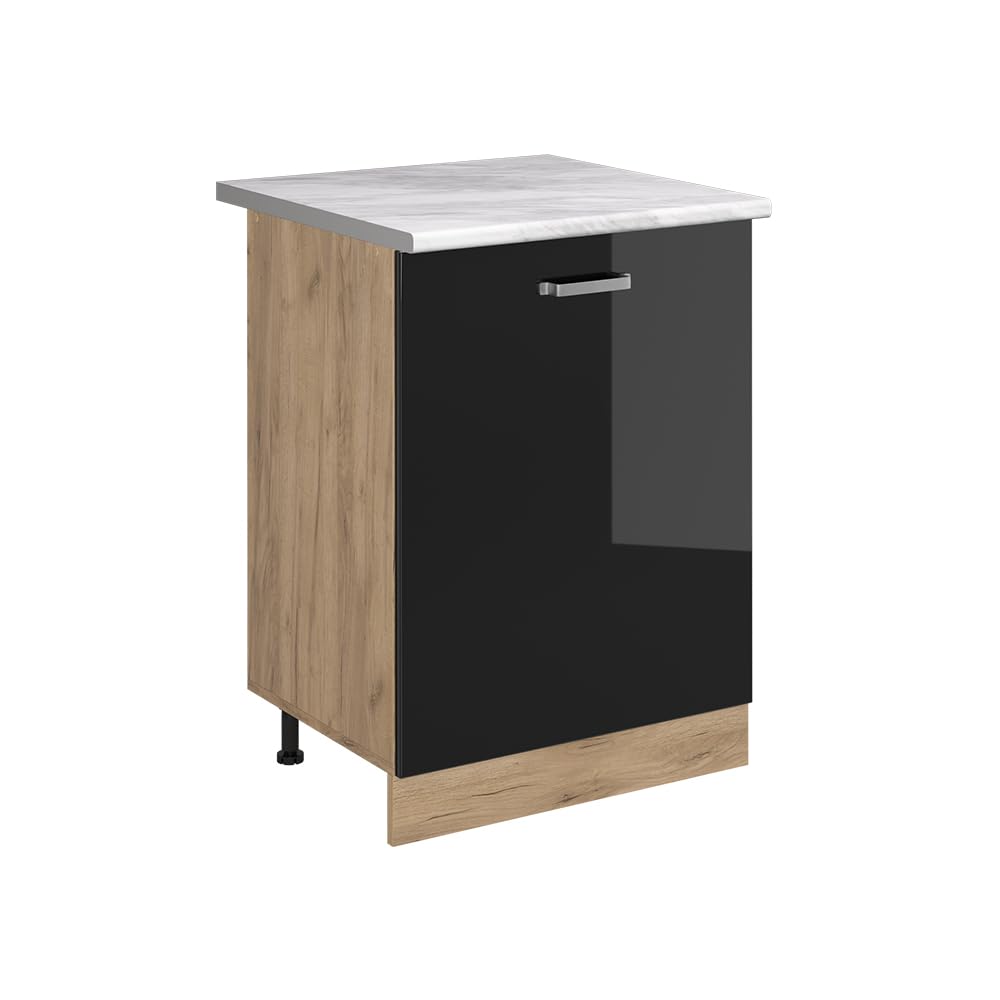 Vicco Küchenunterschrank R-Line, Schwarz Hochglanz/Goldkraft Eiche 60 cm | 1 Tür · Arbeitsplatte Marmor · Höhenverst. Füße · Metallgriffe · ✓ Frei kombinierbar