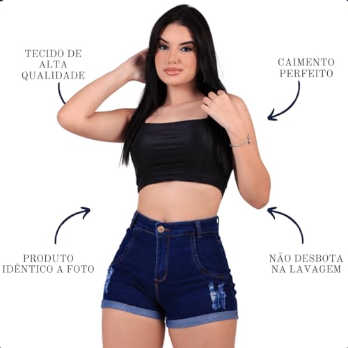 Shorts Jeans Feminino Com Lycra Cintura Alta Short De Jeans Azul Sem Lycra (44, Azul)