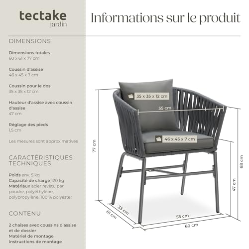 Lot 2 Fauteuils Jardin Corde + Coussins Épais TecTake