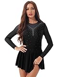 FEESHOW Damen Eiskunstlauf Kleid Glitzer Langarm Rollschuhkleid Ballett Trikotanzug Tanz Leotard mit Chiffonrock Eislaufen Wettkämpfe Bekleidung Schwarz_B S