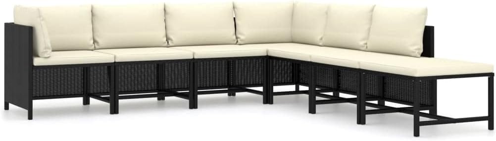 vidaXL Patio Lounge Set 7 Piece, Sectional Sofa for Outdoor, Patio Furniture with Cushions, Footstool, Farmhouse Modern Style, Poly Rattan Black