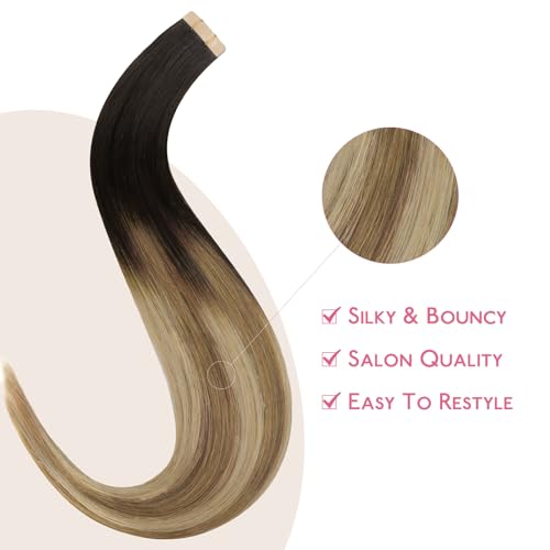 Image of WENNALIFE Tape in Hair Extensions Human Hair Dark Brown to Chestnut Brown and Dirty Blonde Highlighted Tape in Extensions, 10pcs 25g 14 inch Remy Invisible Tape Ins Straight Colored Soft Refill Set
