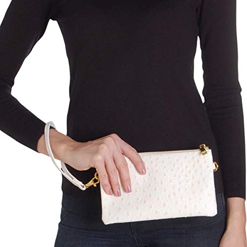 Humble Chic Vegan Leather Faux Ostrich Wristlet - Textured Dot Convertible Wallet Crossbody Bag Clutch Purse with Shoulder Strap, Ivory Ostrich, Off White, Cream - Thumbnail 4