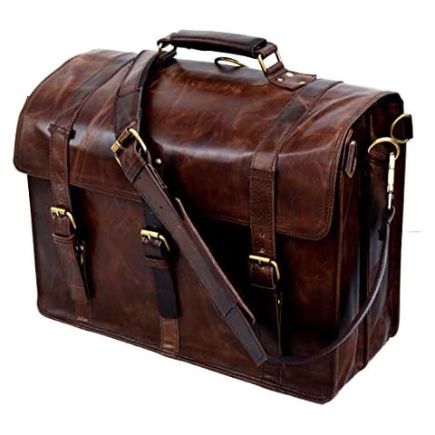 Mens Messenger Bag 17 Inch Vintage Genuine Leather Briefcase Large Satchel Shoulder Bag Rugged Leather Computer Laptop Bag, Brown Cover