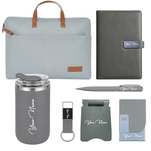 Image of Giftana 7 in 1 Laptop Bag with Personalized Diary & Pen, Keychain, Card Holder, Mobile Stand, Coffee Tumbler 350ml, Customized Gift for Husband, Employee Welcome Kit, Corporate Gift for Employees (Grey)