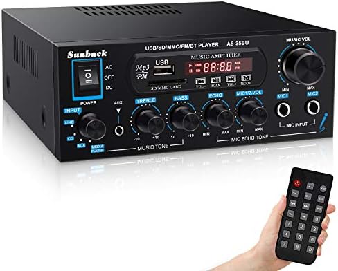 Sunbuck Bluetooth 5.0 Amplifier Home Audio, Stereo Receivers for Speakers, with USB,SD Card,MIC in, Remote Control, 2 Channel Sound, for Home Theater Speakers via RCA, Studio Use (AS-35BU)