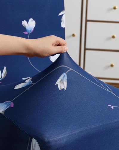 Image of Gifts Island Polyester Floral Print Dining Table Chair Cover Set of 6 Seater Stretchable Washable Chair Seat Slipcover Protector (Navy Blue)