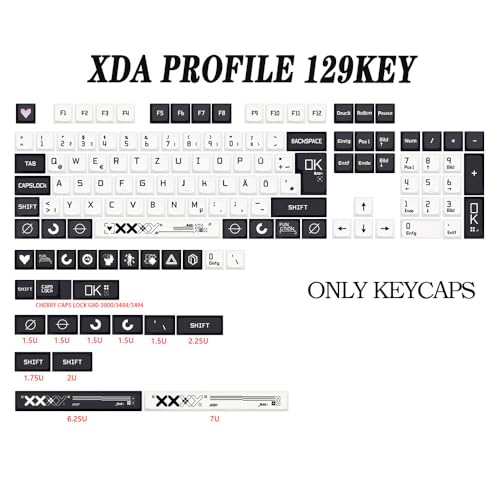 JSJT Deutsches Tastenkappen XDA Profil Schwarz und Weiß Tastenkappe 129 Tasten Thema Tastenkappe PBT Tastenkappen für ANSI/ISO Layout Cherry MX Switch Mechanische Tastaturen