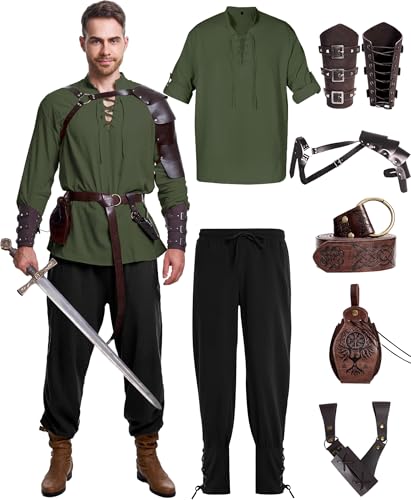 8 Pcs Men's Renaissance Costume Halloween Medieval Pirate Shirt Pant Viking Costume Accessories Set (Vivid Color, X-Large)