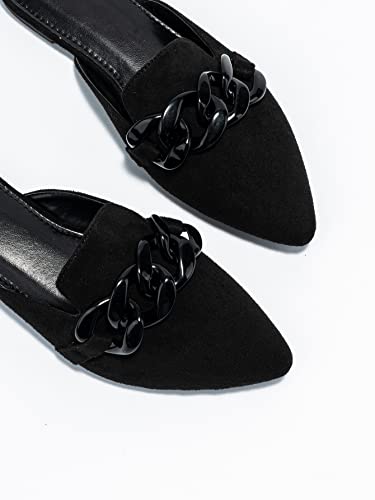 Wdirara Women's Mules Metal Chain Pointed Toe Backless Slip Flat Loafers Shoes Black Eur39 #TOP5