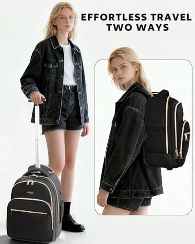 Small Rolling Backpack for Women, Lightweight Travel Backpack with Wheels, Convertible Carry On Luggage, Black, 15.6 inch