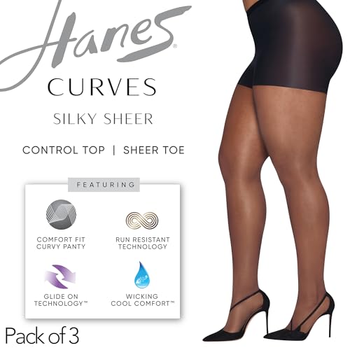 Image of Hanes Women's Curves Control Top Sheer Toe Silky Sheer Pantyhose With Wicking Cool Comfort