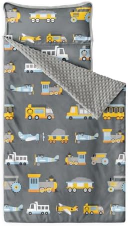 Wake In Cloud - Toddler Nap Mat with Pillow and Minky Fleece Blanket, for Kids Boys Ages 3 Plus in Daycare Preschool Kindergarten, Roll Up Sleeping Bag, Planes Trains Trucks, Dark Gray, Standard