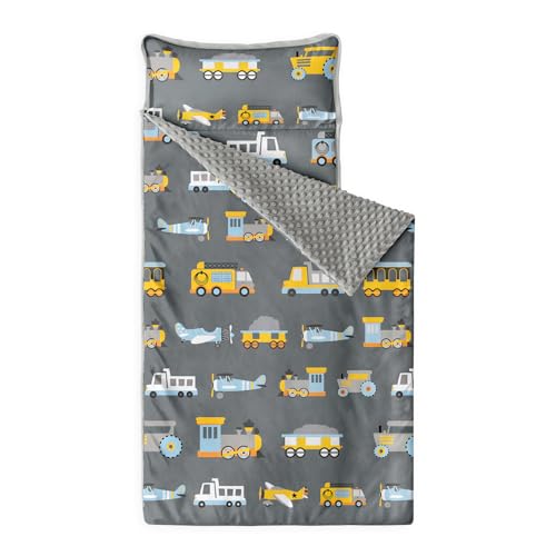 Image of Wake In Cloud - Toddler Nap Mat with Pillow and Minky Fleece Blanket, for Kids Boys Ages 3 Plus in Daycare Preschool Kindergarten, Roll Up Sleeping Bag, Planes Trains Trucks