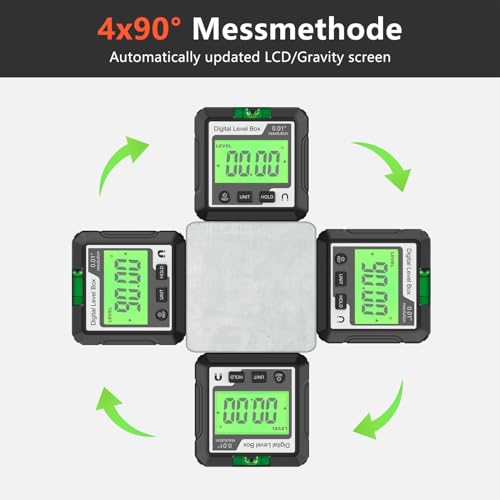Digitaler Winkelmesser, 4 X 90-Grad-Bereich, Magnetische Befestigung, Mehrere Messmodi, Datensperrfunktion, für Holzbearbeitung, Autoreparatur (Schwarz und ß)