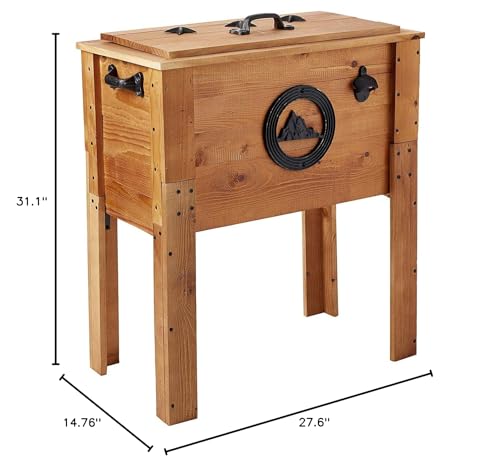 Backyard Expressions Wooden Patio Cooler with Plastic Insulated Liner & Bottle Opener – Rustic Outdoor Ice Chest for Deck, Porch, or Backyard Parties
