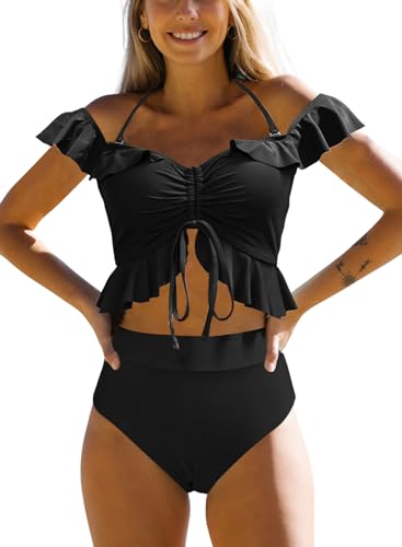 JFAN Bikini Set Off Shoulder Ruffled Flounce Crop Top High Waisted Bottom Tummy Control Swimsuits for Women Black M