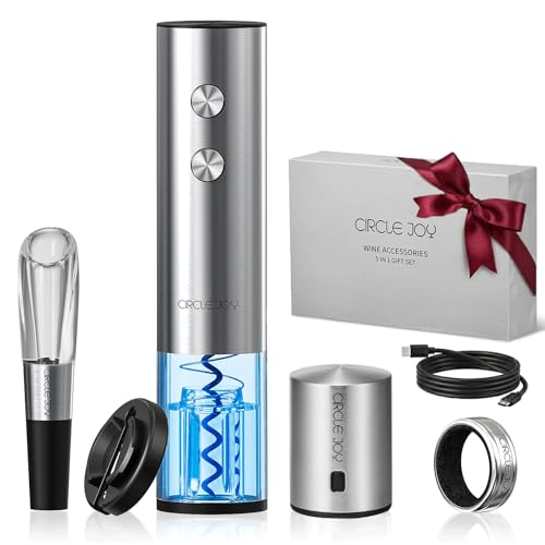 Image of CIRCLE JOY Electric Wine Opener Rechargeable 5-in-1 Stainless Steel Wine Gift Set with Foil Cutter, Wine Aerator Pourer, Wine Drip Ring & Vacuum Stopper, Ideal Gifts for Wine Lovers, Silver
