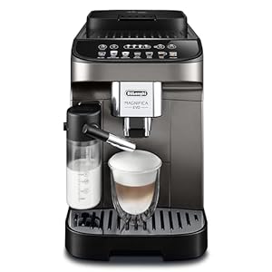 De'Longhi Magnifica Evo ECAM290.81.TB, Cafetière Automatique avec Mousseur de Lait, Taille Compacte Machine Grain, Mousseur de Lait Automatique, 7 Recettes, Affichage Tactile Doux Coloré, Titane/Noir