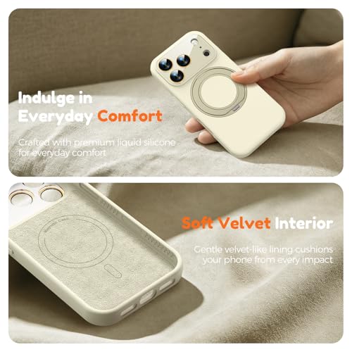 Image of Silicone 360 Spin Magnetic Stand Case for iPhone 17 Pro Max, [Compatible with Mag-Safe][Reinforced Hard Camera Protection] Liquid Silicone Rubber Phone Cover with Ring, Camera Button, Ivory