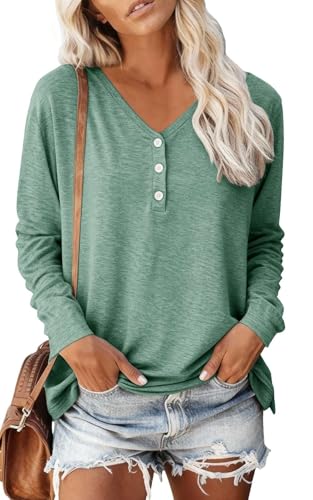 Teesho Damen Langarmshirt V-Ausschnitt Oberteile Elegant Shirts Herbst Longshirt Baumwolle Pullover Tops Tunikahellgrün/M