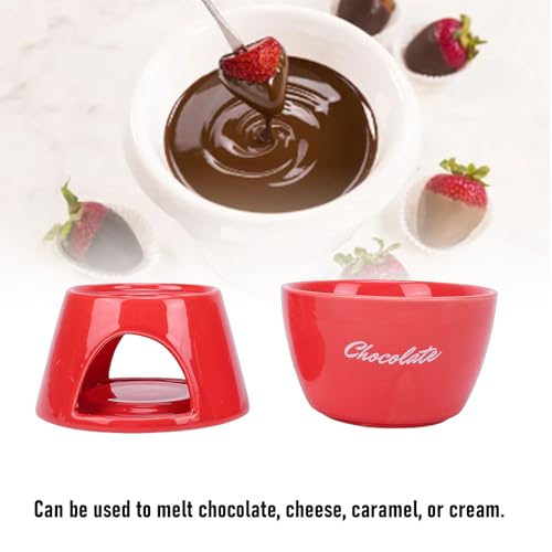Pssopp Cheese Fondue Pot Set, Ceramic Chocolate Melting Pot with Fork Stand for Home Party Ice Cream Desserts (Red English Style) - Thumbnail 3