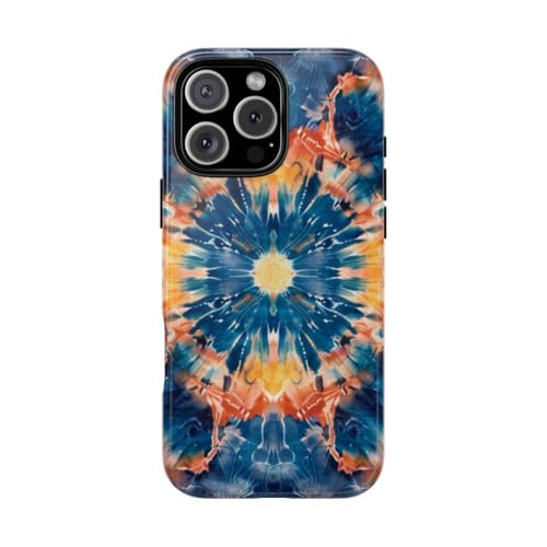 Coque iPhone 16 Pro Max mandala tie-dye bleu résistante et brillante