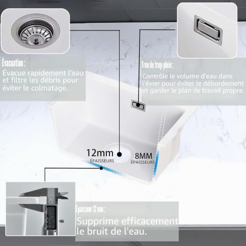 iAnomla Évier Cuisine en Quartz Blanc, 40 X 45 cm Évier de Cuisine 1 Bac – vue 4