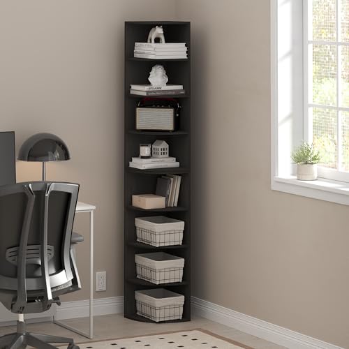 Image of Furinno ECON Corner Shelf, 8-Tier Corner Book Shelf, Storage Shelves, Display Rack, Bookshelf, for Organization and Storage, Living Room, Home Office, Espresso